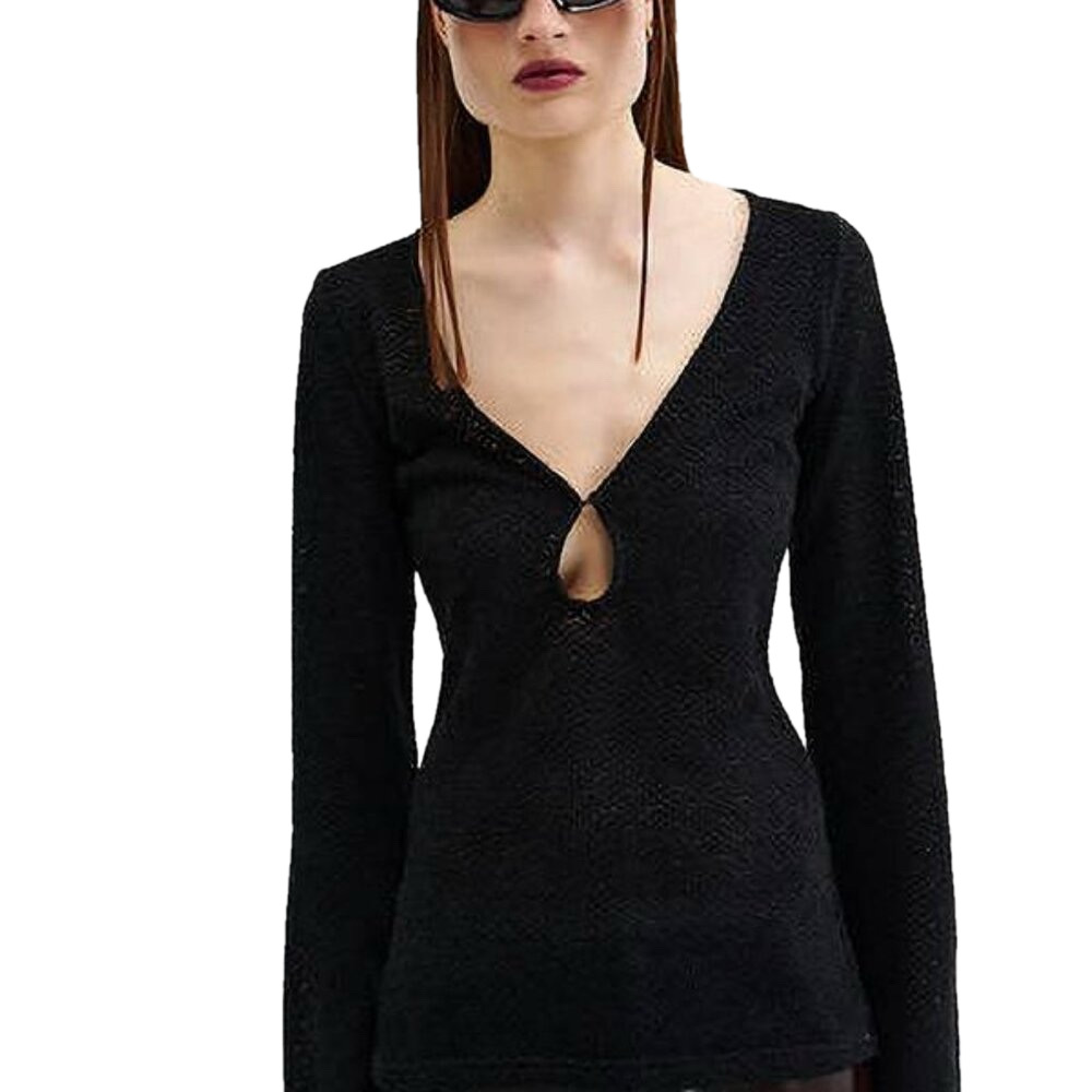 NEW RESUME Womens Viennars Knit Keyhole Neck Blouse  Black Size L